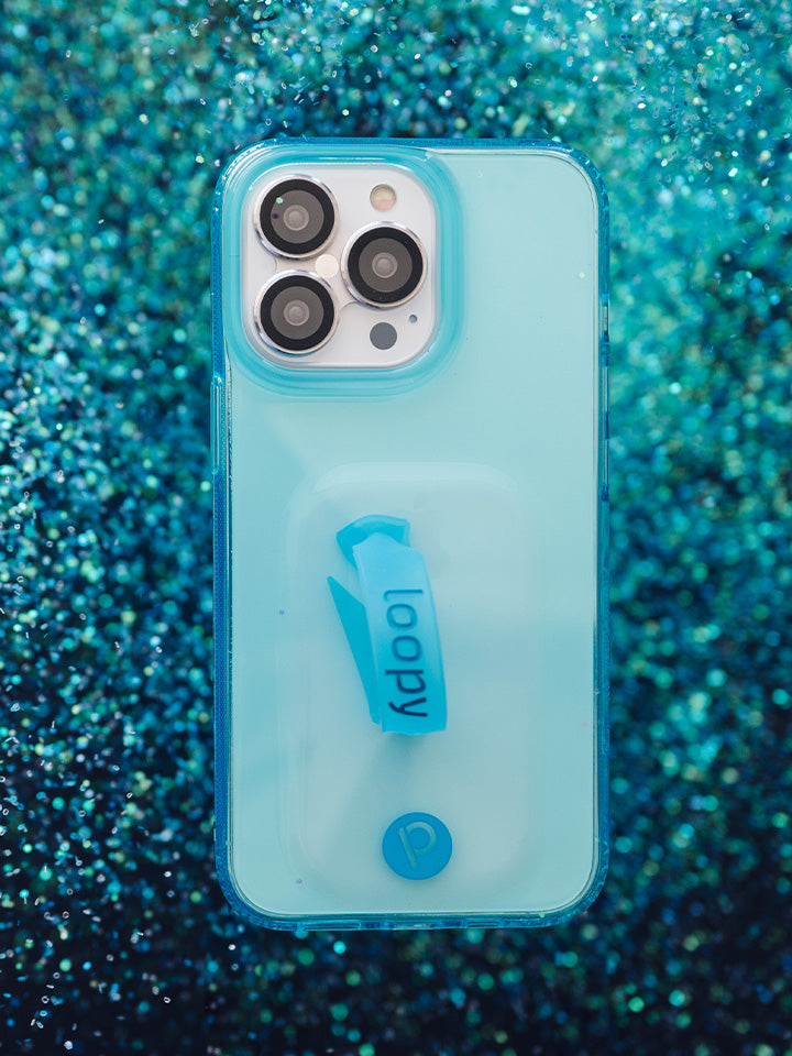 A Clear Neon Blue Loopy Case. || feature-media