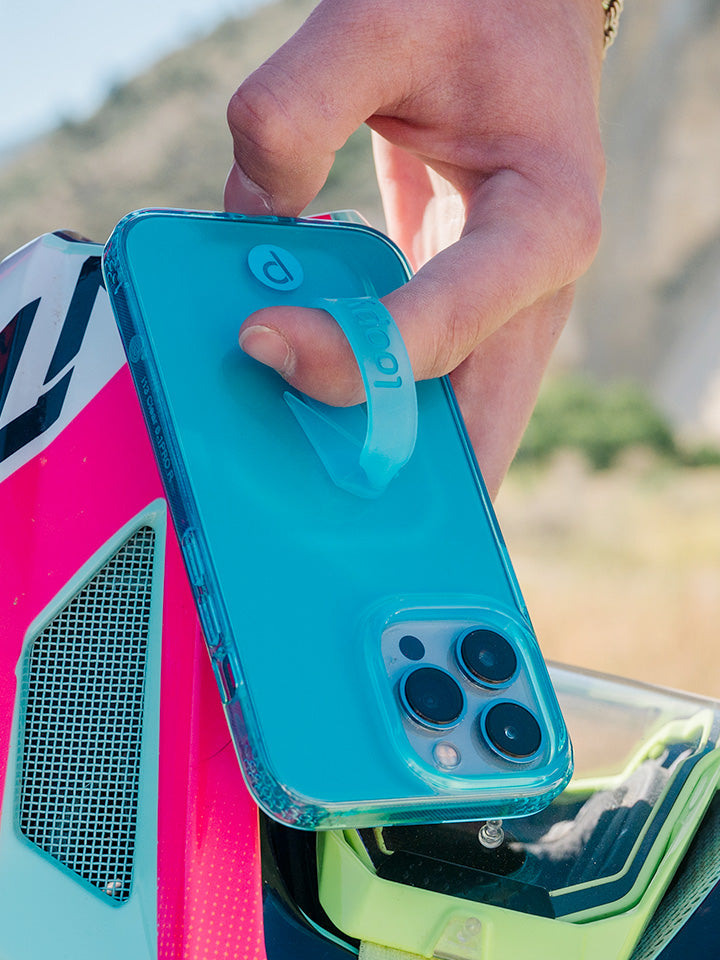  A man holding a Clear Neon Blue Loopy Case.|| feature-media