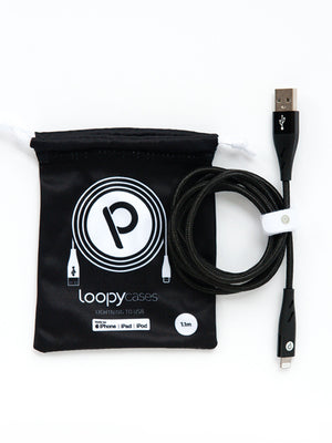 The Loopy Cases Black Lightning to USB-A Charging Cable.