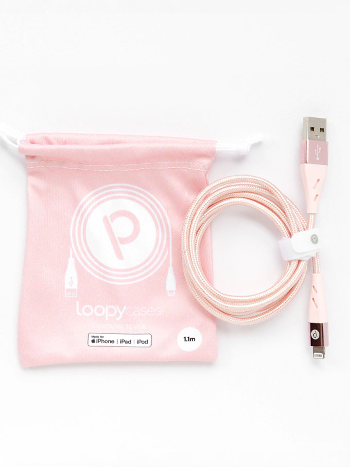 The Loopy Cases Rose Gold Lightning to USB-A Charging Cable.