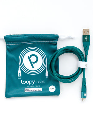 The Loopy Cases Teal Lightning to USB-A Charging Cable.