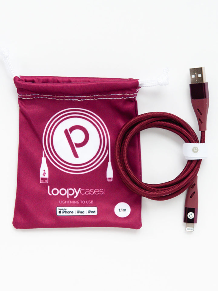 The Loopy Cases Wine Lightning to USB-A Charging Cable.